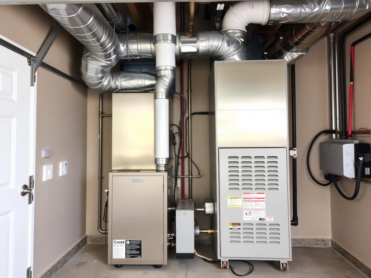 New furnace and air handler installed in a garage utility closet